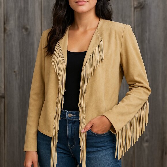 Nancy Bolen Suede‎ Fringe Jacket Women’s 12 Tan Western Boho Festival Leather - Picture 1 of 11